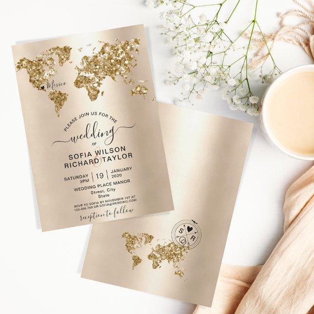 Wedding Destination Glitter Gold World Map Invitation (Creator Uploaded)