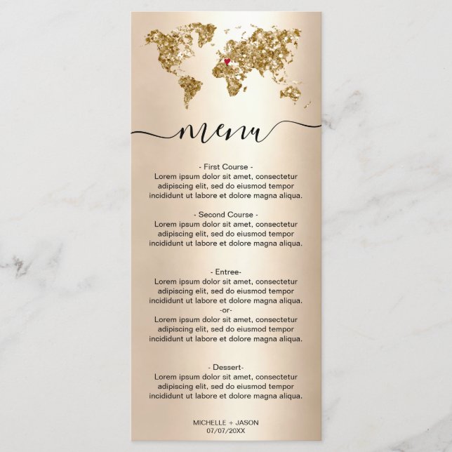 Wedding Destination Gold Glitter World Map Heart Menu (Front)