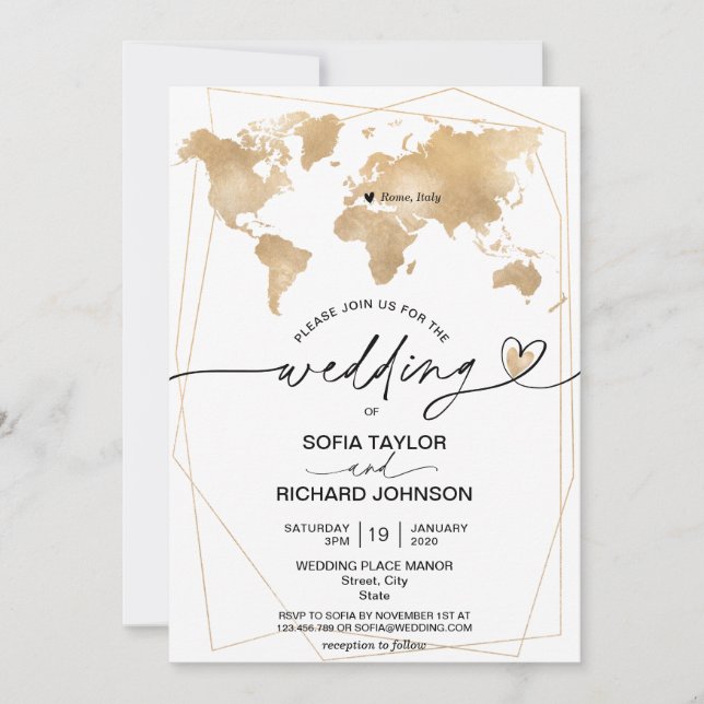 Wedding Destination Gold World Map Frame Invitation (Front)