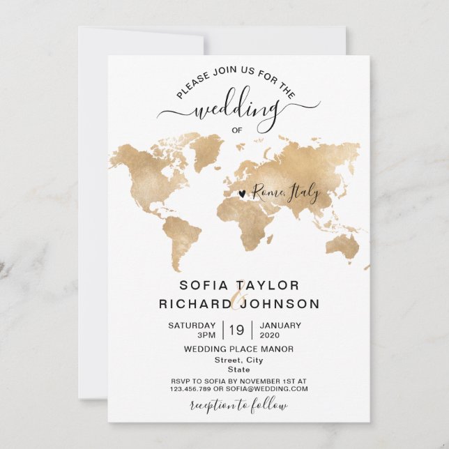 Wedding Destination Gold World Map Heart Invitatio Invitation (Front)