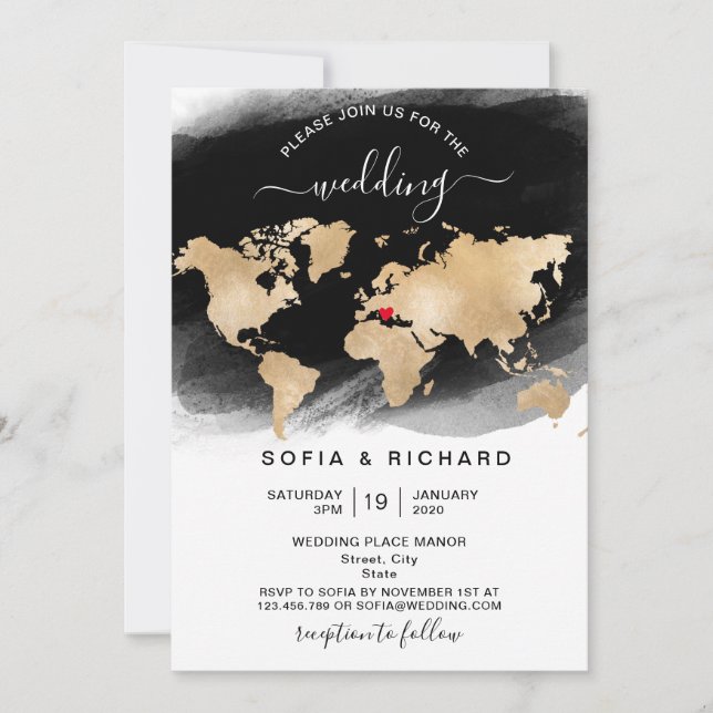 Wedding Destination Gold World Map Heart Invitatio Invitation (Front)