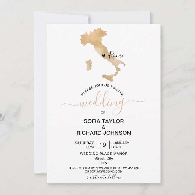 Wedding Destination Italy Gold Moveable Heart Invitation (Front)