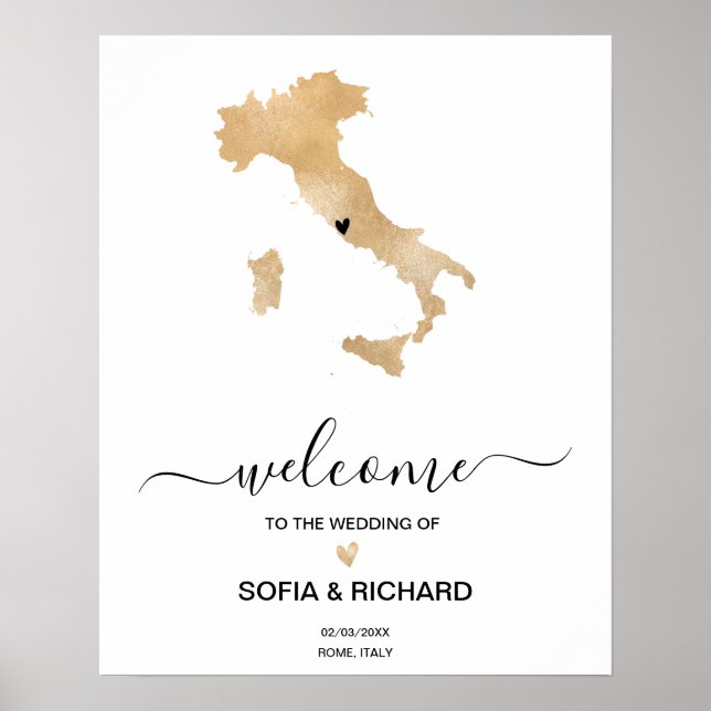 Wedding Destination Italy Map Gold Moveable Heart Poster (Front)