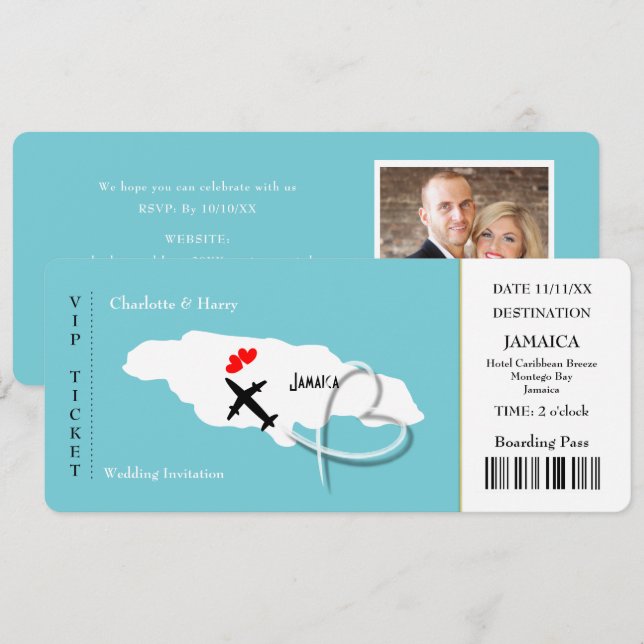 Wedding Destination Jamaica Ticket Pass Photo Invitation (Front/Back)