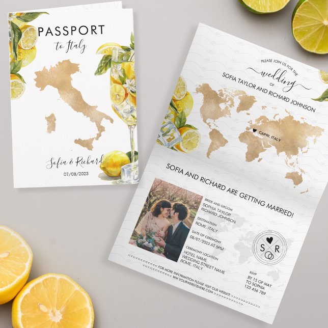 Wedding Destination Lemon Citrus Passport Italy Invitation (lemon citrus summer yellow watercolor)