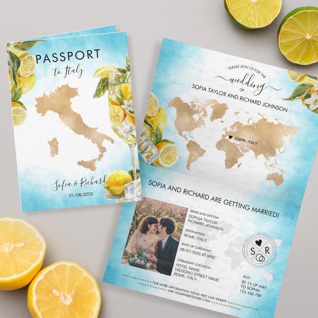 Wedding Destination Lemon Summer Passport Italy Invitation (italy wedding passport)