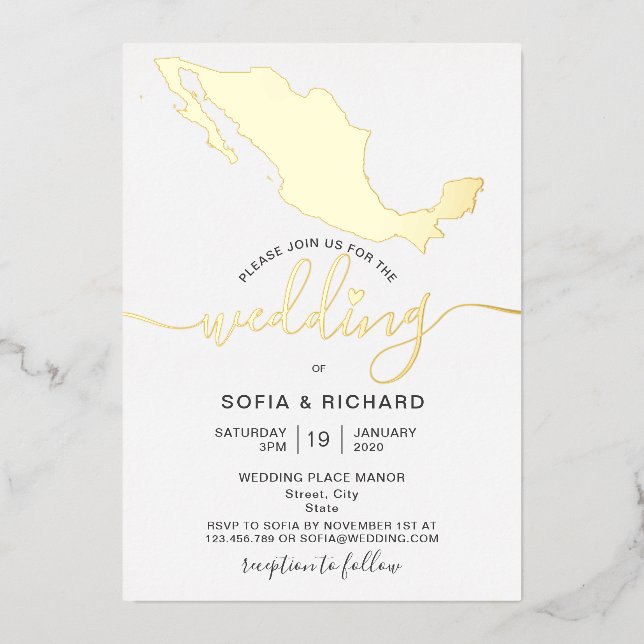 Wedding Destination Mexico Gold Foil Heart (Front)