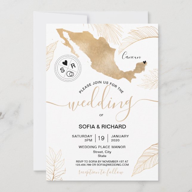 Wedding Destination Mexico Gold Moveable Heart  In Invitation (Front)