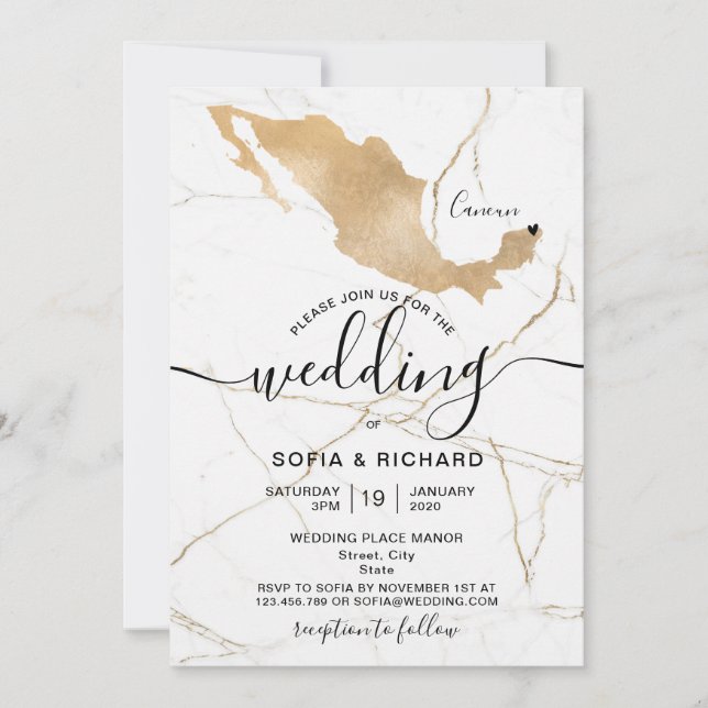 Wedding Destination Mexico Gold Moveable Heart  Invitation (Front)