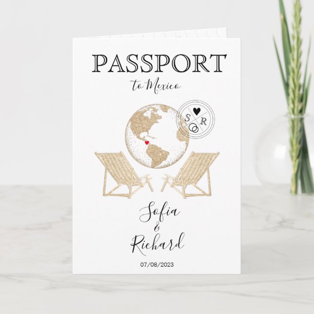 Wedding Destination Mexico Passport Gold World Map Invitation (Front)