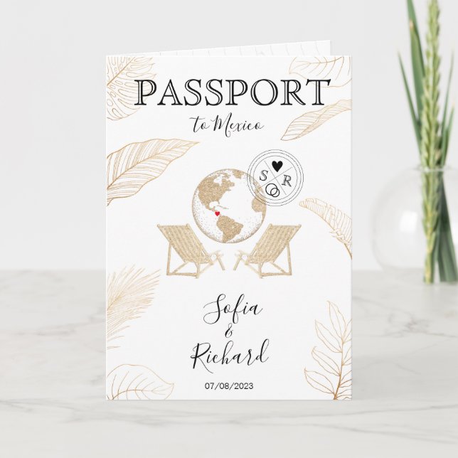 Wedding Destination Mexico Passport Gold World Map Invitation (Front)