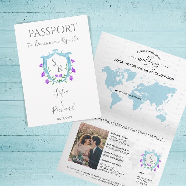 Wedding Destination Passport Blue Crest Monogram Invitation (Creator Uploaded)