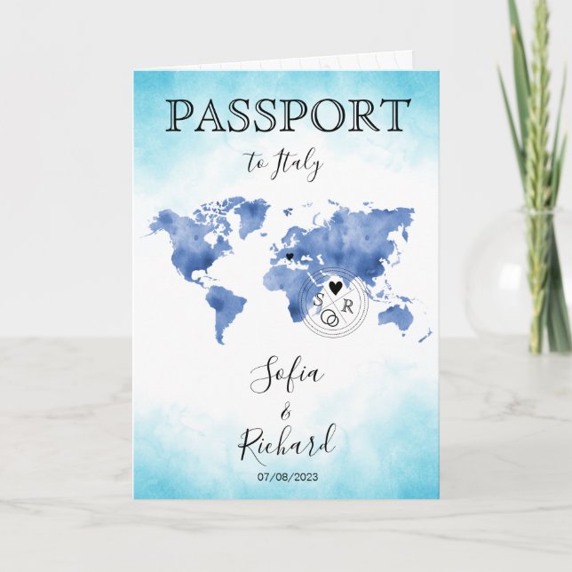 Wedding Destination Passport Blue World Map Invita Invitation (Front)