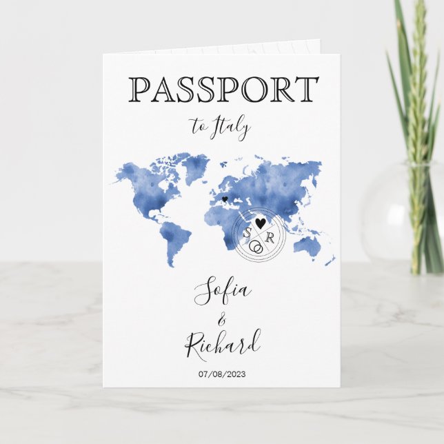 Wedding Destination Passport Blue World Map Invitation (Front)