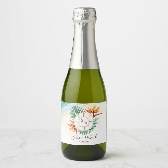 Wedding Destination Passport Compass Thank You Sparkling Wine Label (Front)