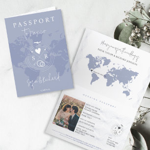 Wedding Destination Passport Dusty Blue World Map Invitation