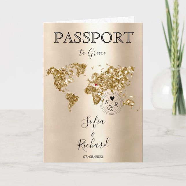 Wedding Destination Passport Gold World Map Greece Invitation (Front)