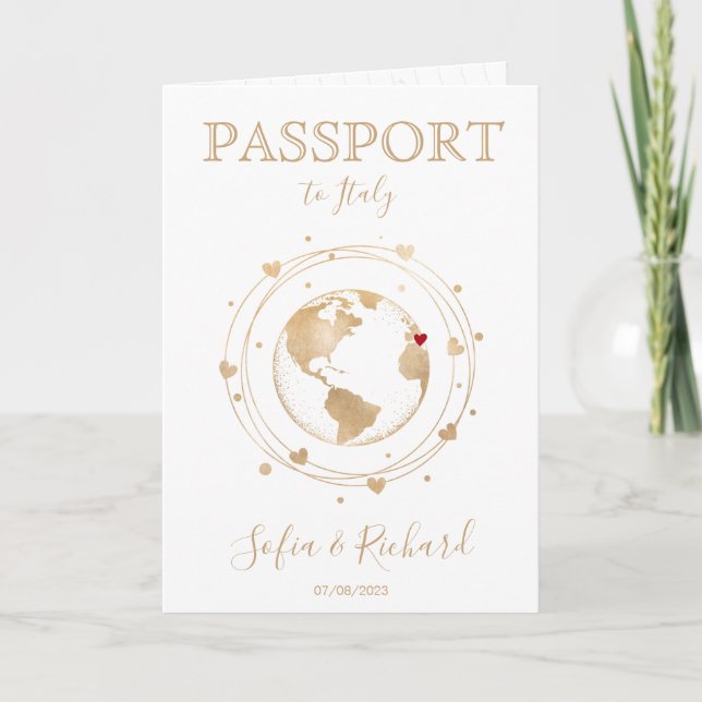 Wedding Destination Passport Gold World Map Heart Invitation (Front)