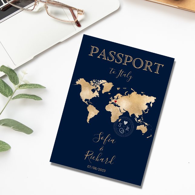 Wedding Destination Passport Gold World Map Invita Invitation (Creator Uploaded)