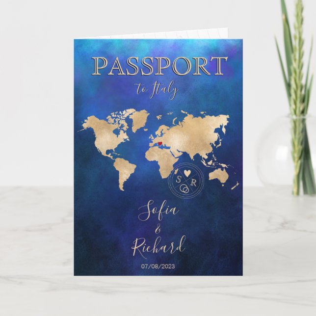 Wedding Destination Passport Gold World Map Invita Invitation (Front)