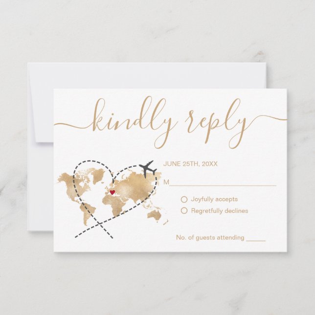 Wedding Destination Passport Gold World Map Invita RSVP Card (Front)
