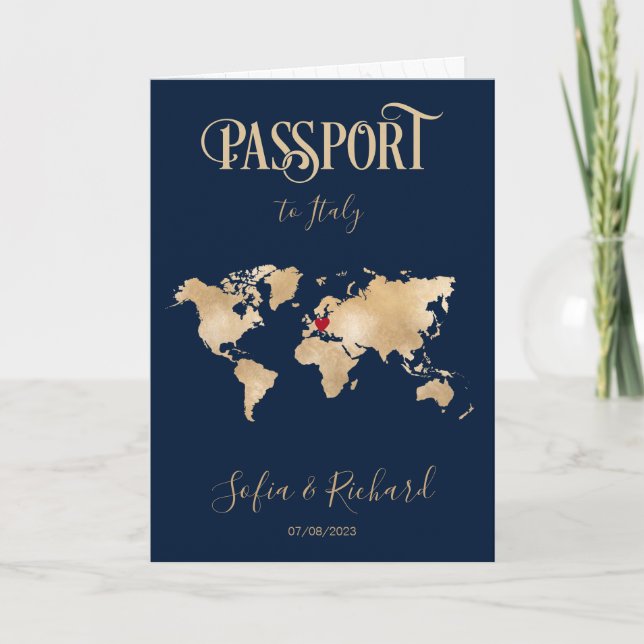 Wedding Destination Passport Gold World Map Italy Invitation (Front)