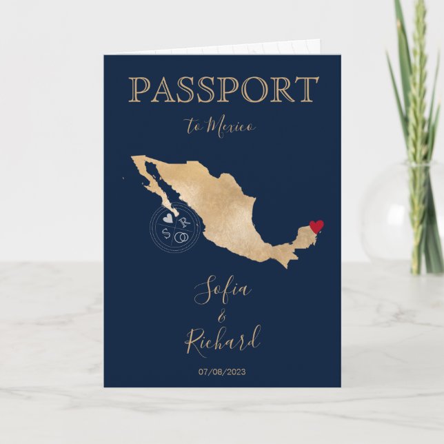 Wedding Destination Passport Gold World Map Mexico Invitation (Front)