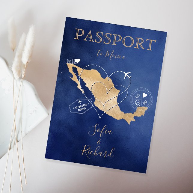 Wedding Destination Passport Gold World Map Mexico Invitation (Creator Uploaded)