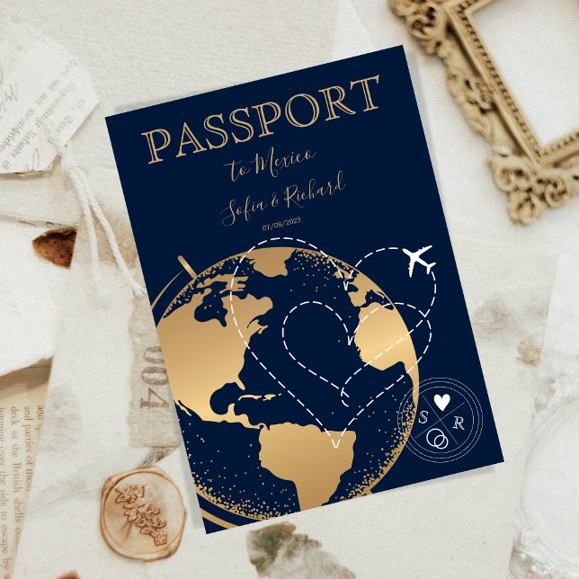 Wedding Destination Passport Gold World Map Plane  Invitation (Creator Uploaded)