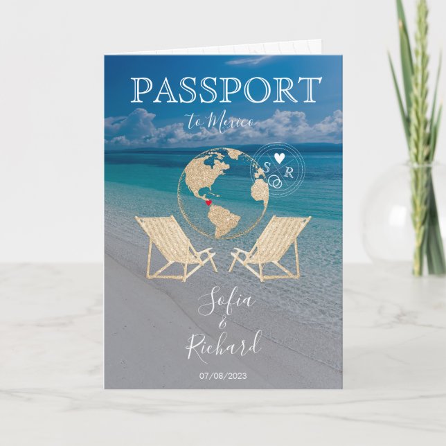 Wedding Destination Passport Gold World Map Tropic Invitation (Front)