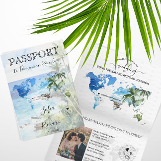 Wedding Destination Passport Green World Map Palm Invitation