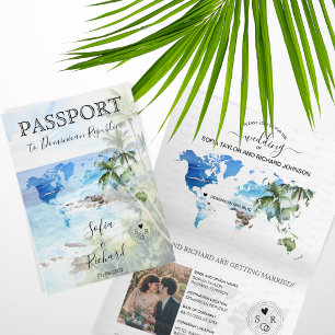 Wedding Destination Passport Green World Map Palm Invitation
