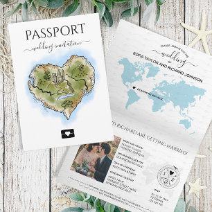 Wedding Destination Passport Illustrated Heart Map Invitation