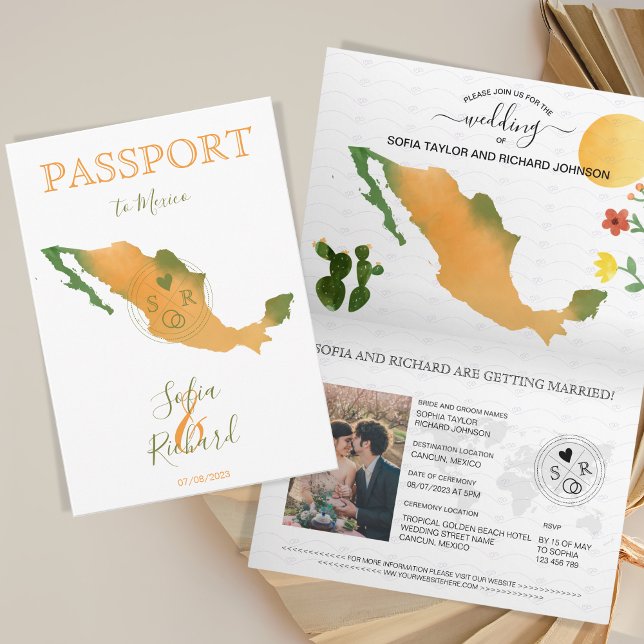 Wedding Destination Passport Mexico Map Watercolor Invitation (Creator Uploaded)