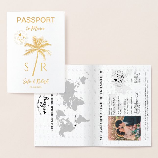Wedding Destination Passport  Mexico Palm Beach Foil Card (Display)