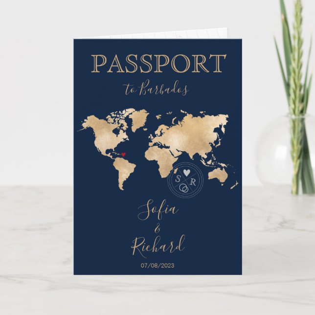 Wedding Destination Passport World Map Barbados Invitation (Front)