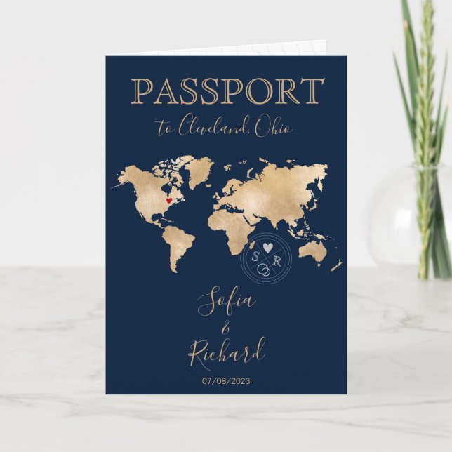 Wedding Destination Passport World Map Cleveland Invitation (Front)