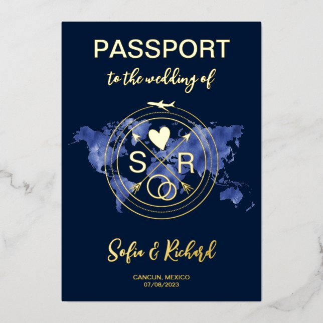 Wedding Destination Passport World Map Gold  (Front)