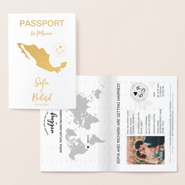 Wedding Destination Passport World Map Mexico Foil Foil Card (Display)