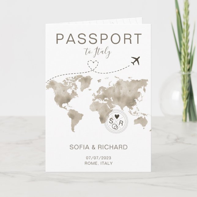Wedding Destination Passport  World Map Travel  Invitation (Front)