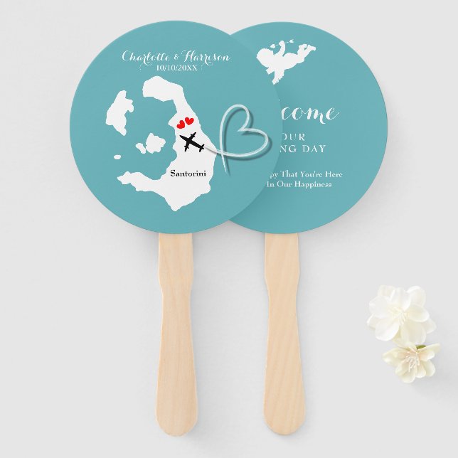 Wedding Destination Santorini Hand Fan (Front and Back)