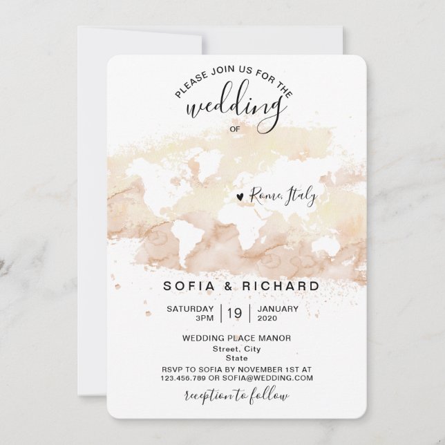 Wedding Destination Watercolor World Map Heart Inv Invitation (Front)