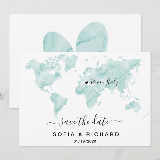 Wedding Destination Watercolor World Map Heart Invitation (Front/Back)