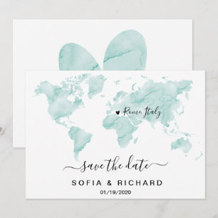 Wedding Destination Watercolor World Map Heart Invitation