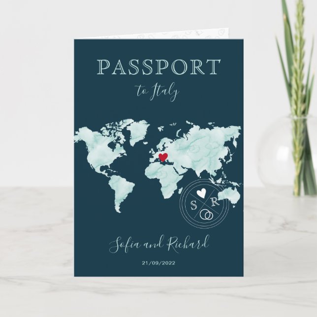 Wedding Destination Watercolor World Map Passport  Invitation (Front)