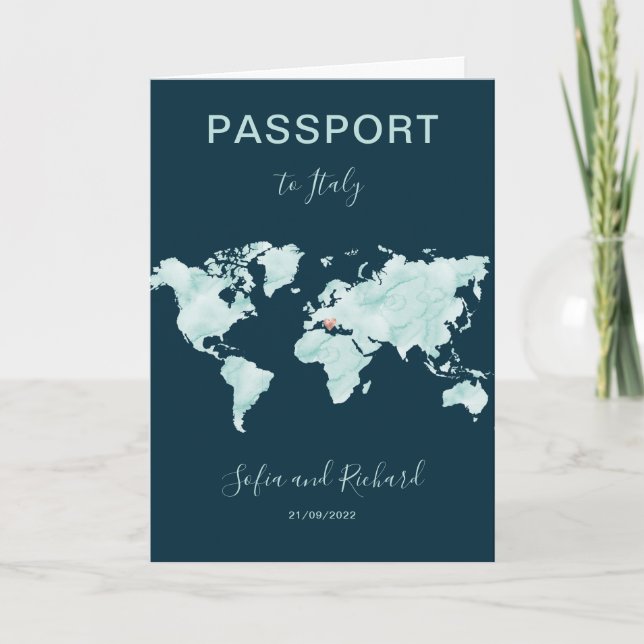 Wedding Destination Watercolor World Map Passport  Invitation (Front)