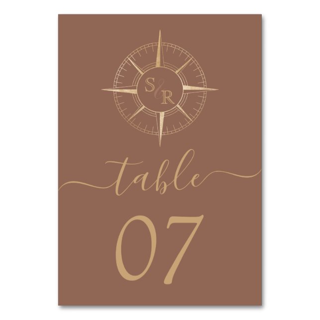 Wedding Destination World Map Compass Monogram Table Number (Front)
