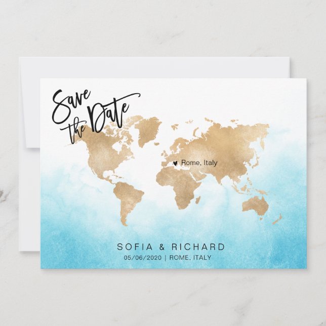 Wedding Destination World Map Gold Moveable Heart Invitation (Front)