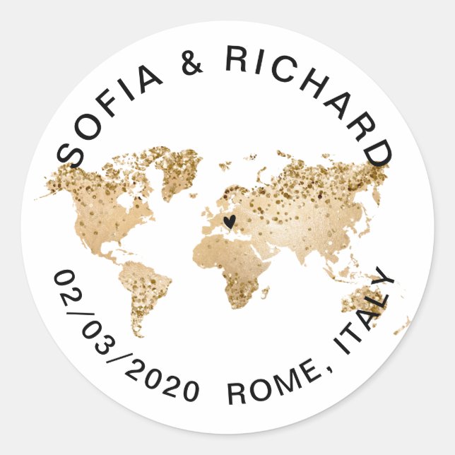 Wedding Destination World Map Gold Removable Heart Classic Round Sticker (Front)