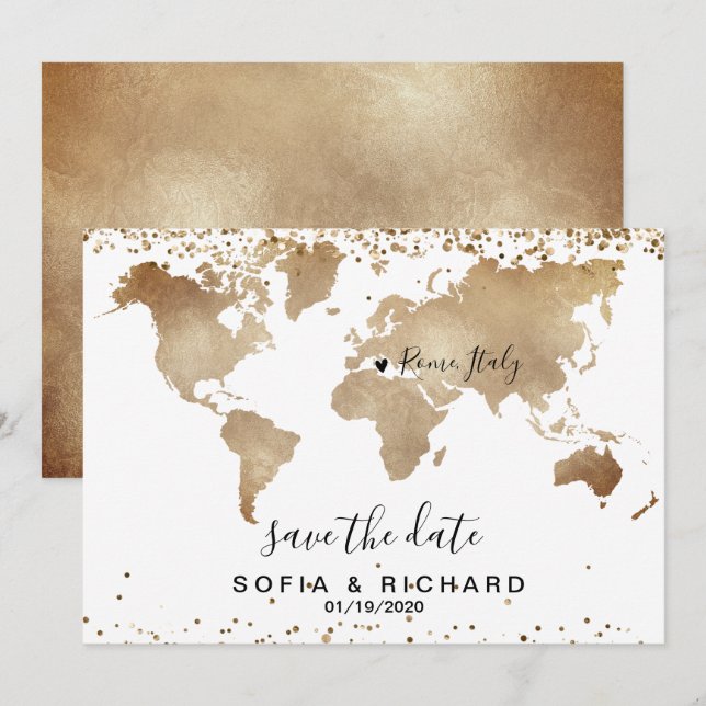 Wedding Destination World Map Gold Removable Heart Invitation (Front/Back)